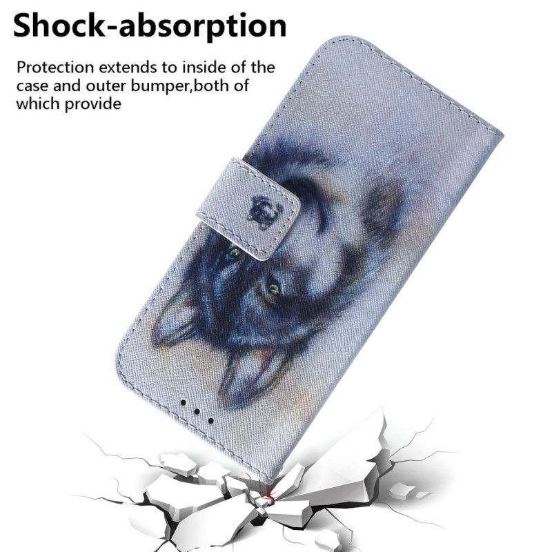 δερματινη θηκη Moto G73 5G με κορδονι Strappy Watercolor Wolf